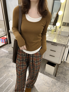 假两件长袖 superxue春季 修身 韩版 打底t恤女 新款