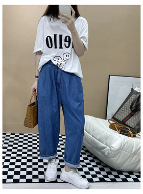 蓝色牛仔裤女夏季新款显瘦休闲宽松直筒裤子奶奶裤81186