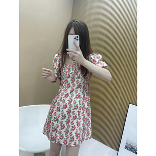 复古方领泡泡袖 新款 显瘦a字短裙子 碎花连衣裙女夏季 superxue