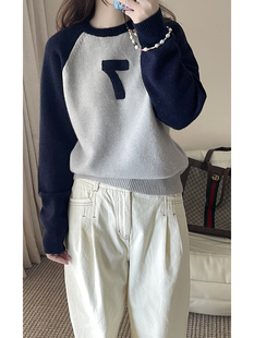 毛衣女外穿上衣 宽松舒适圆领字母插肩袖 superxue秋装 新款