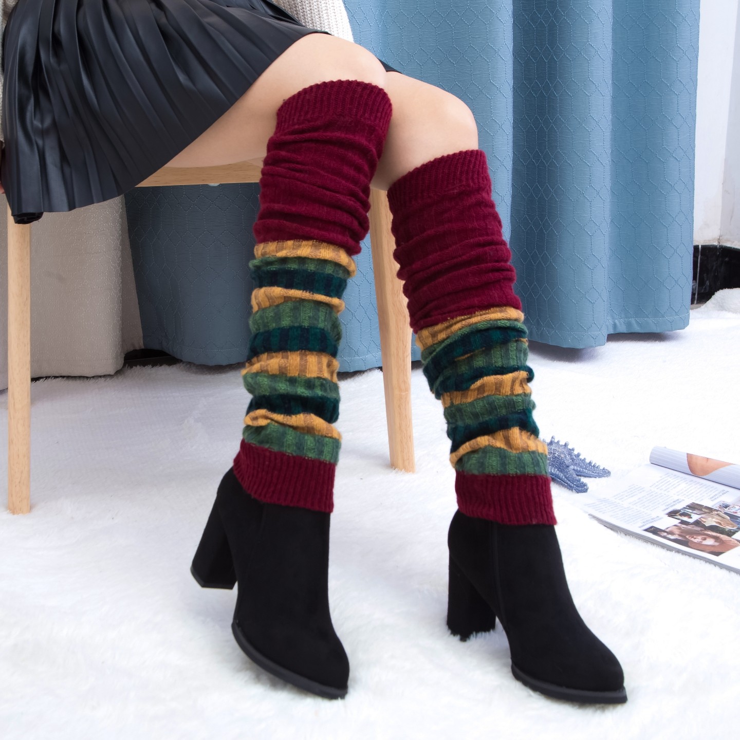 秋冬保暖加长袜套女针织护腿套过膝脚套靴套毛线加厚拼色堆堆袜套