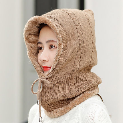 帽子女秋冬季加绒加厚保暖套头针织毛线帽护耳围脖一体骑车防风帽