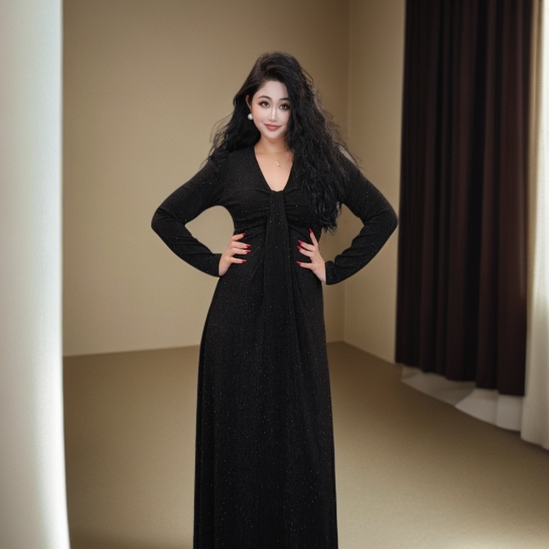 星云里微胖服饰｜美杜莎｜微胖轻奢显瘦藏肉法式混丝针织烫钻连衣