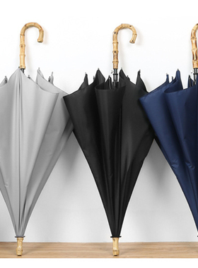 真竹节雨伞女长柄大号自动英伦绅士复古男森系双人简约纯黑蓝灰色