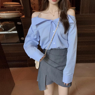 韩版小众小心机套装一字领衬衫女装秋季上衣不规择半身短裙两件套