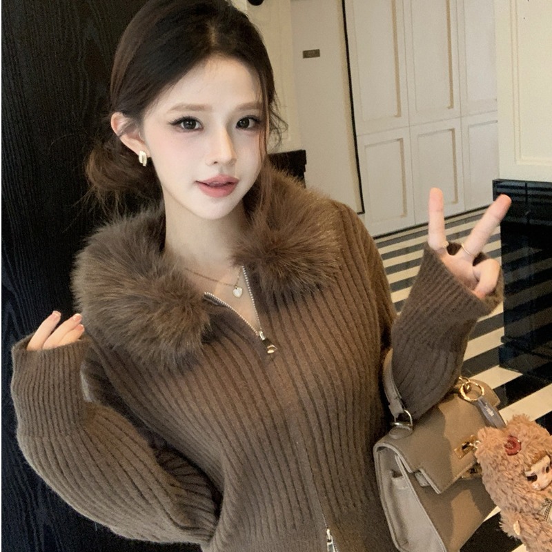 法式小众复古宽松毛领针织衫外套