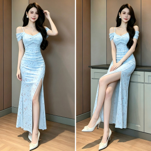 性感露肩碎花吊带连衣裙女修身显瘦开叉长裙足疗技师酒店工作服