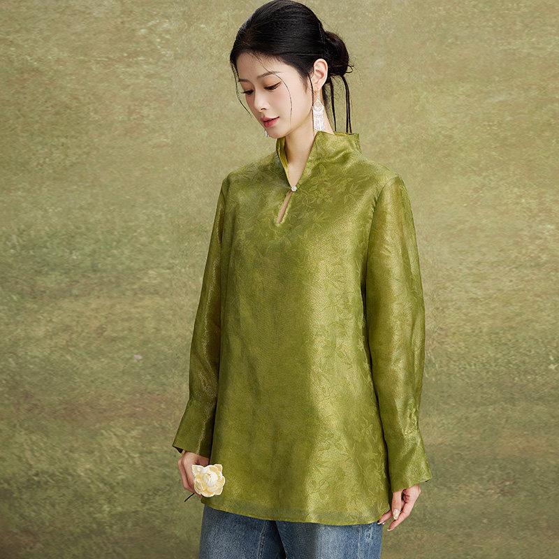 2026新款女装高级新中式真丝欧根纱衬衣长袖衬衫春夏独特上衣外套