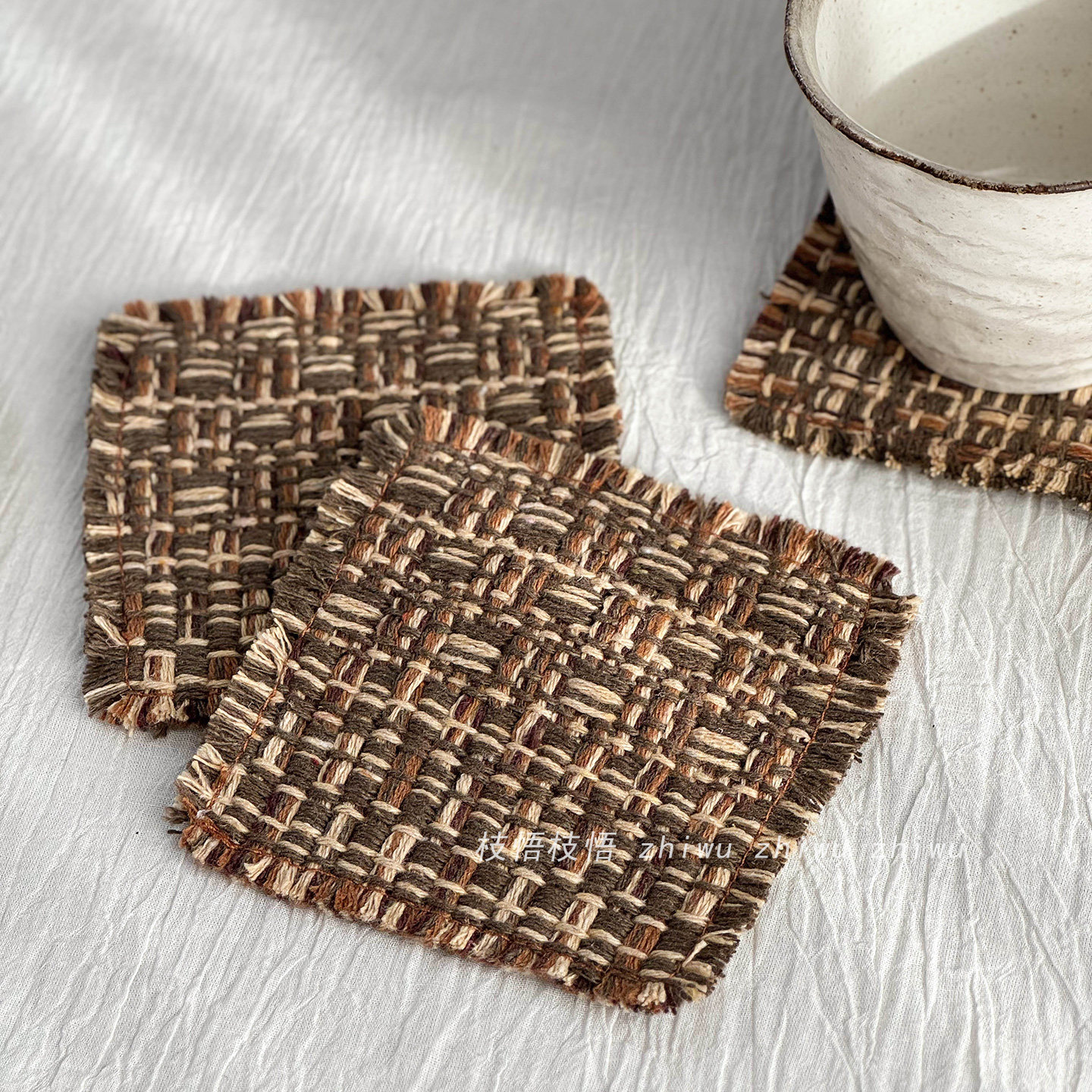 枝悟 复古咖色编织杯垫 法式文艺流苏隔热垫甜品咖啡店氛围装饰垫,居家布艺,杯垫,淘宝优惠券,粉丝福利购,淘宝优惠卷