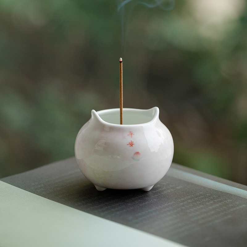 纯手工手绘桃粉小香炉点香托盘