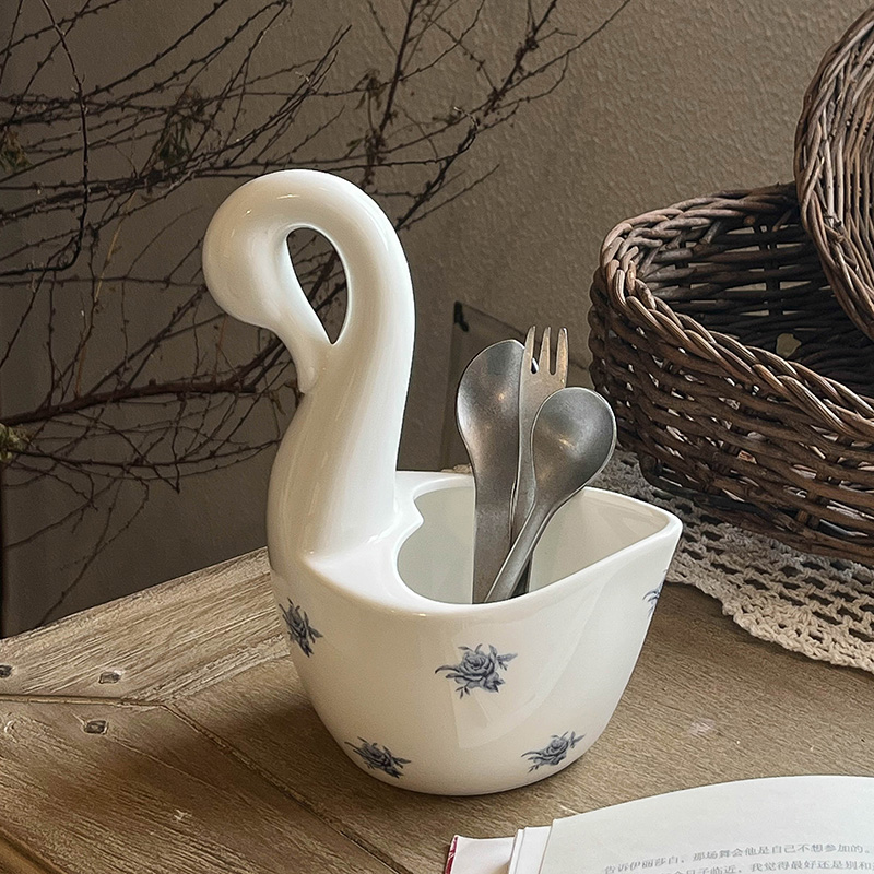 碎花陶瓷天鹅杯法式花瓶收纳摆件