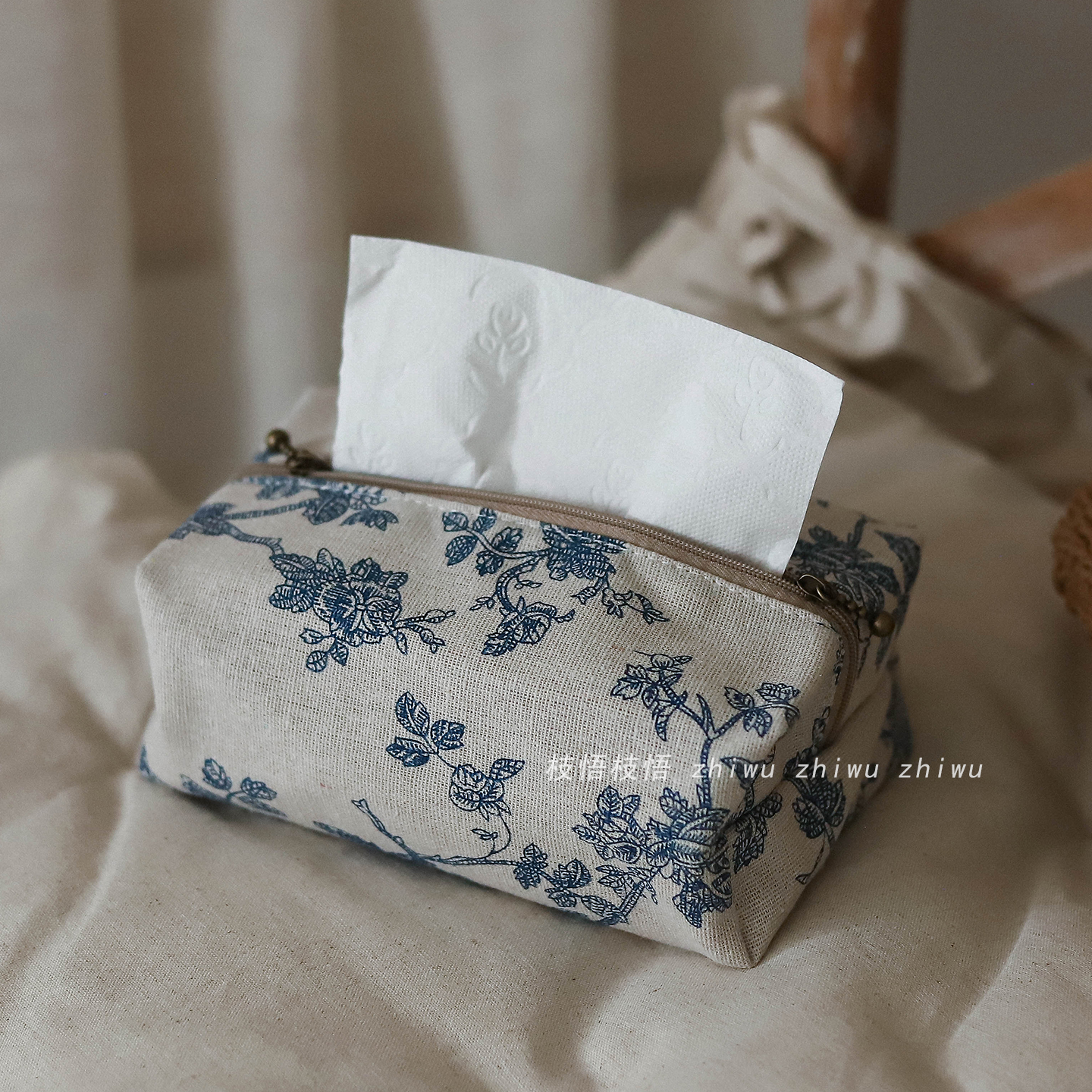 复古蓝色碎花抽纸盒文艺纸巾袋