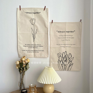 遮丑装 咖啡店文艺墙面挂布软装 饰布道具 复古英文郁金香挂布 枝悟