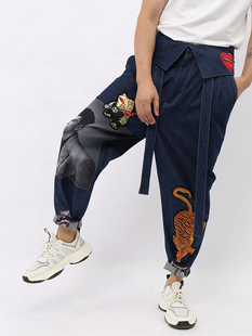 smelt炼原创设计潮牌刺绣显腿长宽松水洗男士直筒高腰束脚牛仔裤