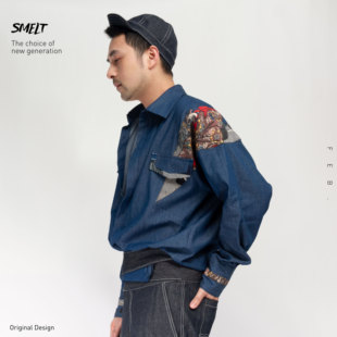 19SS 复古风牛仔衬衫 F09 中式 国潮 中国风印花拼接衬衫 SMLET炼