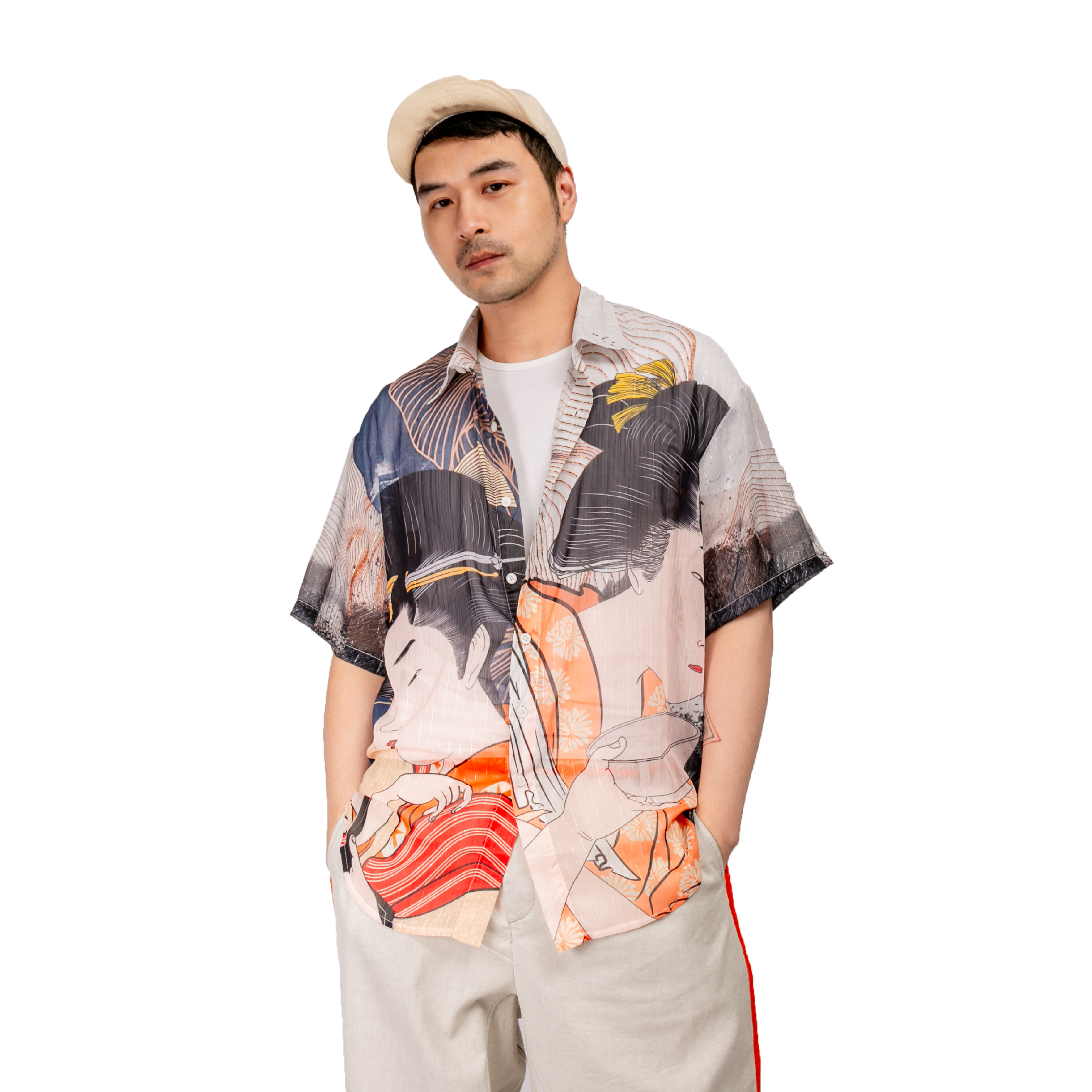 smelt炼  浮世绘日系复古印花半透明夏日薄纱短袖衬衫男防晒衬衣