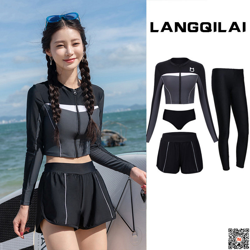 潜水服女分体平角显瘦长袖水母冲浪服保守学生运动防晒温泉游泳衣