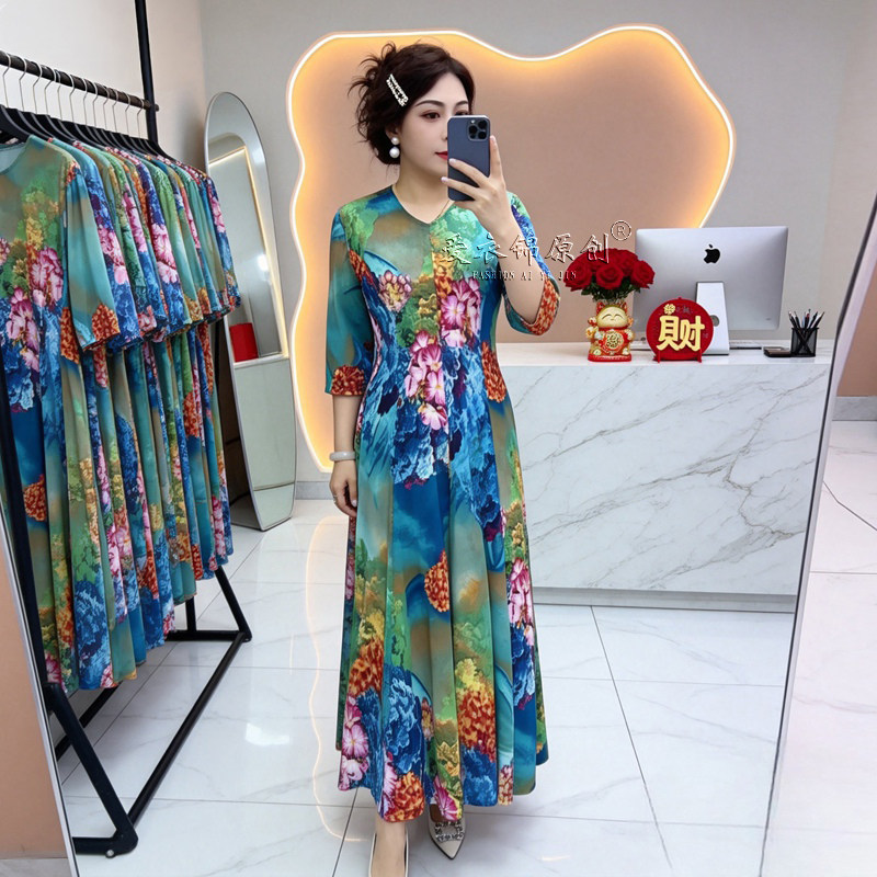夏季中老年网纱印花V领大摆连衣