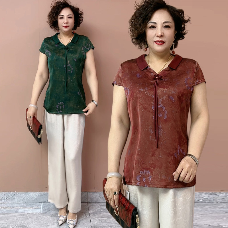 中年妈妈仿真丝短袖遮肉大码衬衫