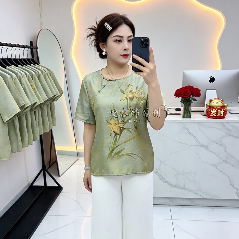 新中式风真丝短袖上衣女