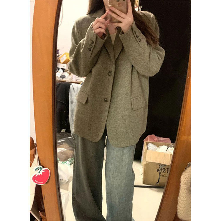 复古羊毛杂色呢子西装大衣外套秋冬季韩系高级感夹棉宽松西服
