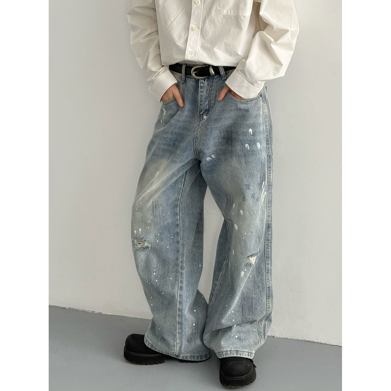 韩版时髦高级感复古泼墨牛仔裤男