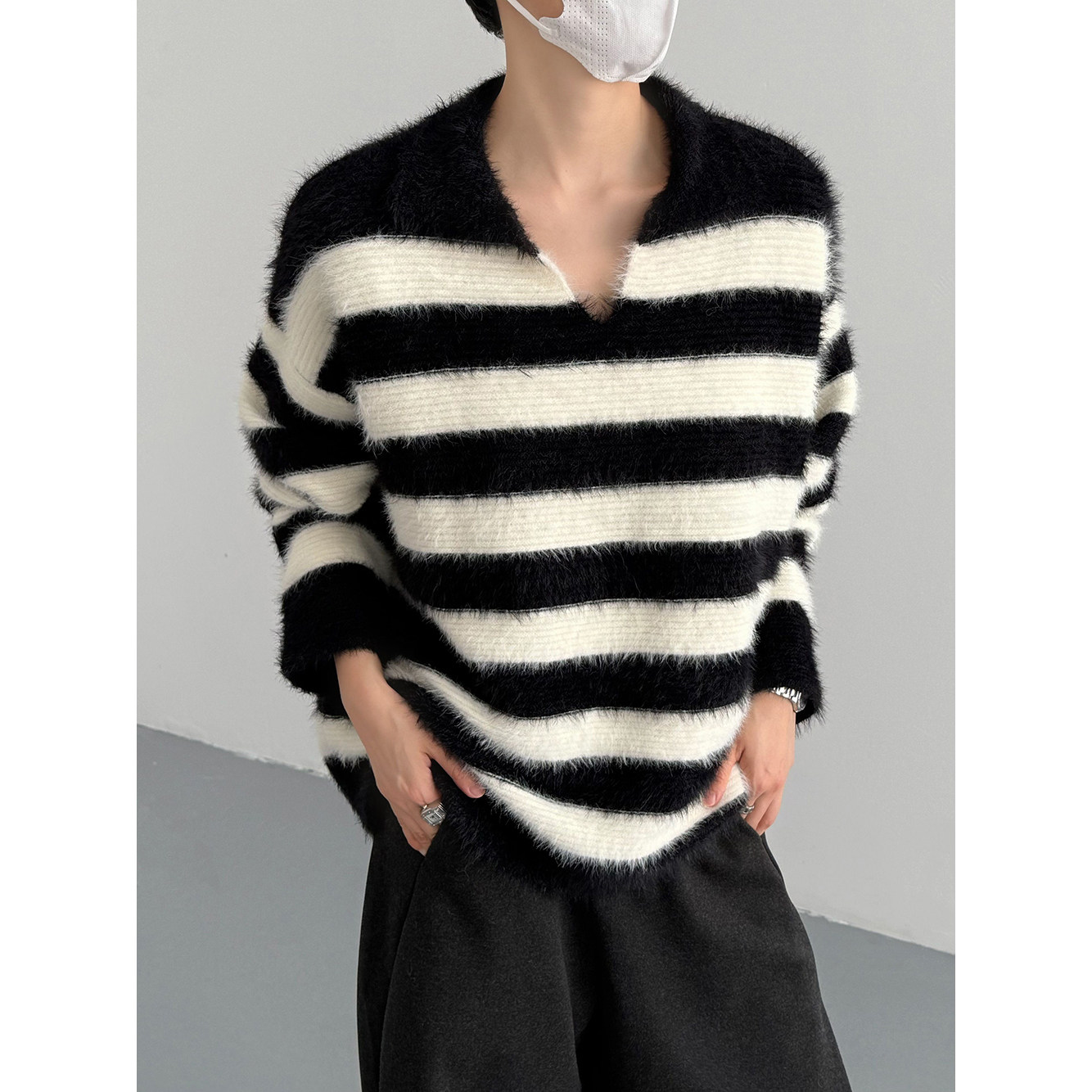 秋冬韩版时髦复古慵懒仿水貂毛黑白条纹毛衣男士宽松翻领针织衫潮,男装,针织衫/毛衣,淘宝优惠券,粉丝福利购,淘宝优惠卷
