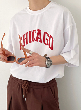 SF/夏季新韩版复古字母印花白色短袖t恤男士圆领宽松半袖打底TEE