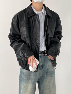 宽松翻领夹克 潮流复古擦色做旧PU机车风皮衣外套男士 秋冬韩版