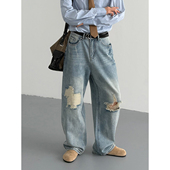 春秋韩版 宽松直筒长裤 时髦高级感痞帅水洗做旧破洞阔腿牛仔裤 男士