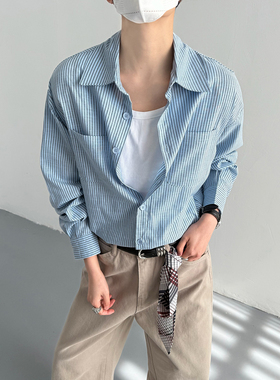 春秋韩版时髦高级感撞色蓝色条纹亚麻长袖衬衫男士宽松通勤衬衣潮