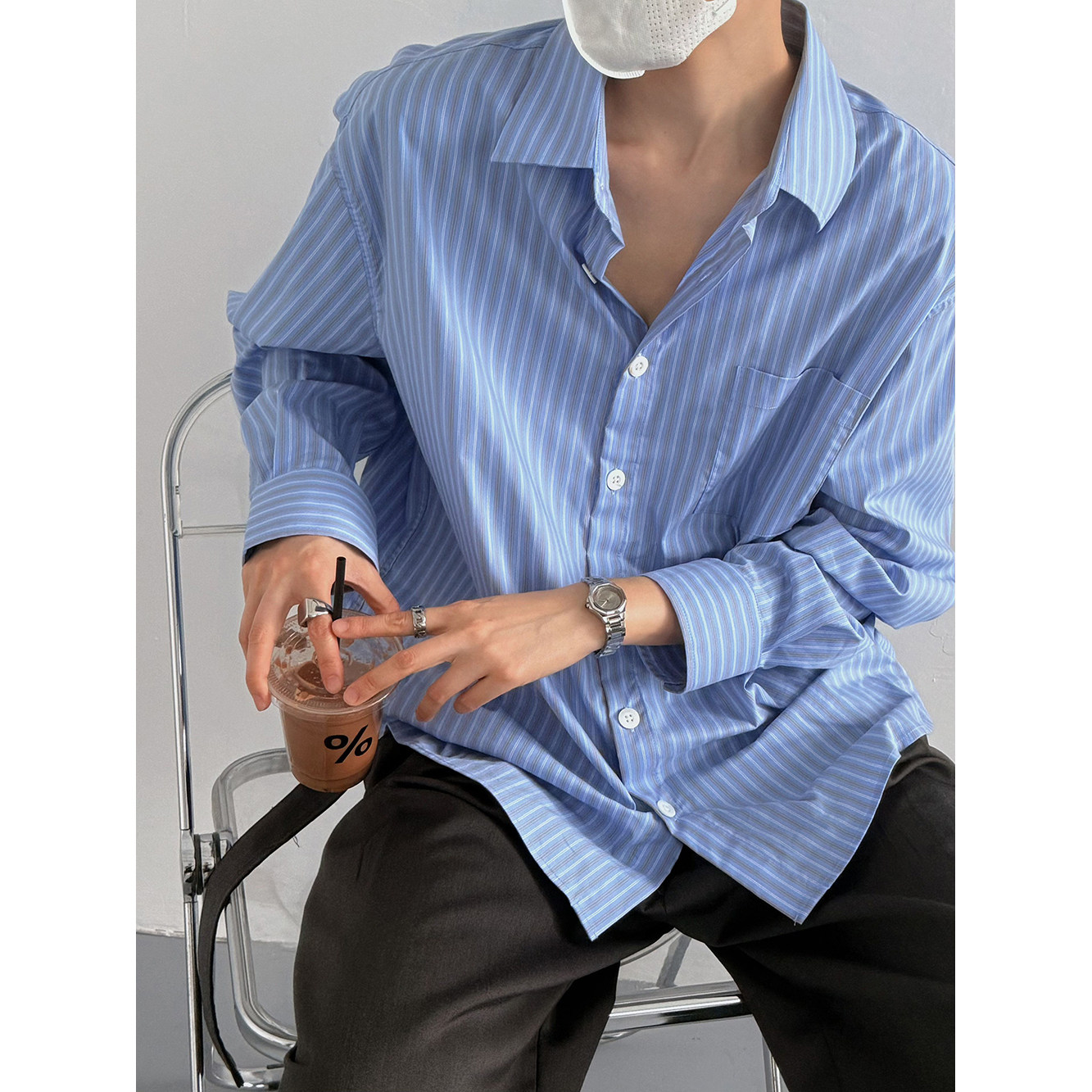 韩版cleanfit极简蓝色条纹衬衫男