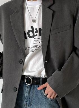 春秋新款韩风痞帅气质灰色西装男士宽松版ins风潮流复古西服上衣