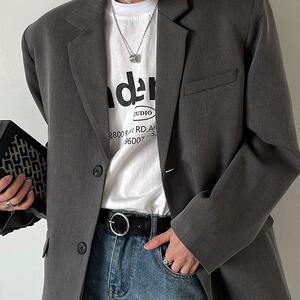 春秋新款韩风痞帅气质灰色西装男士宽松版ins风潮流复古西服上衣