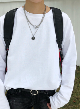 韩版chic宽松版长袖潮白色t恤衫男小清新ins潮流纯色打底体恤衫