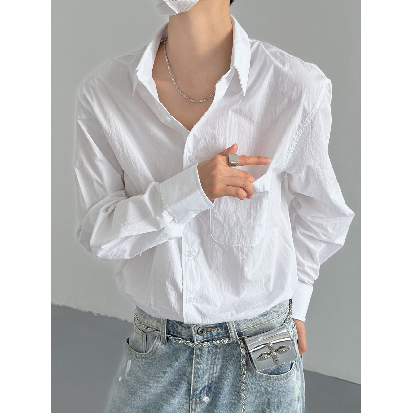 韩版cleanfit白色皱褶长袖衬衫男