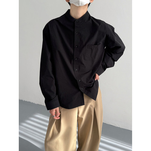 韩版小立领老钱风宽松长袖衬衫男