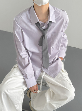 春秋韩版时髦高级感慵懒风淡紫色长袖衬衫男士宽松出勤衬衣外套潮