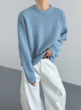 秋冬韩版高级感复古撞色慵懒风蓝色毛衣男士宽松圆领套头针织衫潮