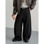 春秋韩版 潮 宽松通勤阔腿长裤 时髦复古垂感慵懒风黑色弯刀西裤 男士