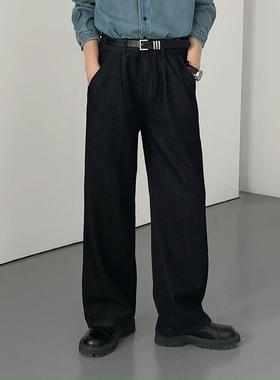 S/FACE春秋韩版复古时髦水洗潮牌宽松阔腿牛仔裤男士黑色高街长裤