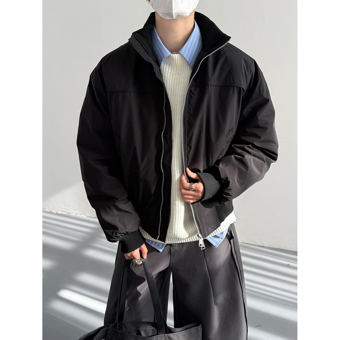 冬季韩版复古时髦棒球羽绒服男士宽松立领飞行服双拉链夹克外套潮