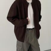 男士 春秋冬韩版 时髦简约复古vintage纯色毛衣开衫 宽松拉链外套潮