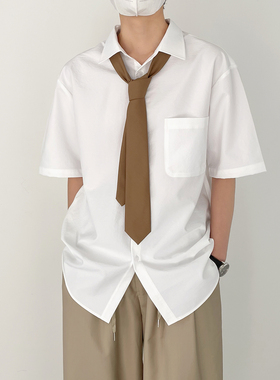 SF/夏季新款韩版潮流复古时髦垂感短袖衬衫男士宽松白色半袖衬衣