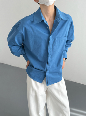 春秋韩版时髦高级感型男蓝色长袖衬衫男宽松纯色海岛出游衬衣外套