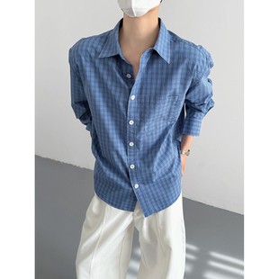 春秋韩版时髦高级感复古蓝色格子长袖衬衫男士宽松出勤衬衣外套潮