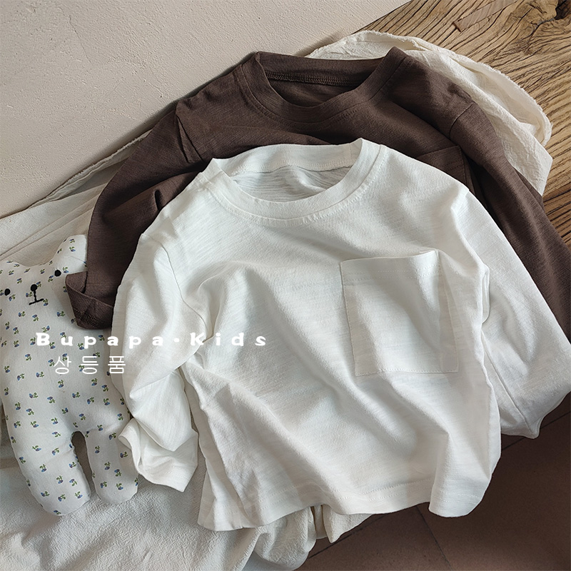 森系竹节棉~儿童复古大口袋长袖T恤外穿男女宝宝百搭打底衫纯色潮,童装/婴儿装/亲子装,T恤,淘宝优惠券,粉丝福利购,淘宝优惠卷