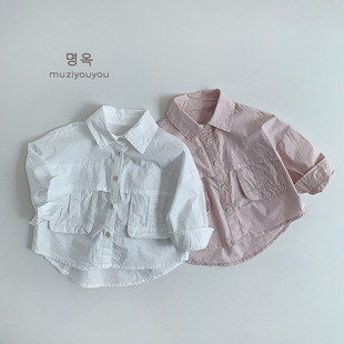 春の韵~桃粉白色春夏薄款全棉 儿童长袖衬衣外套宝宝洋气口袋衬衫