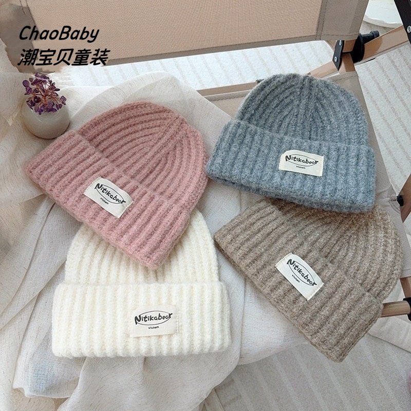 儿童帽子新款韩防寒针织帽复古纯色百搭小布标毛线帽男童女童冷帽