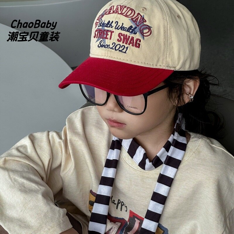 帽子儿童春季棒球帽美式复古刺绣大帽檐遮阳防晒中大童户外鸭舌帽